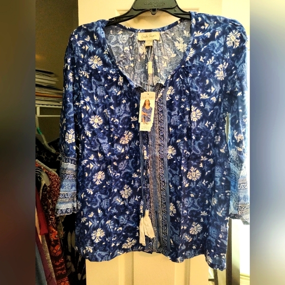 NWT Charlie Paige Blue/White Boho Blouse, S - Picture 4 of 4